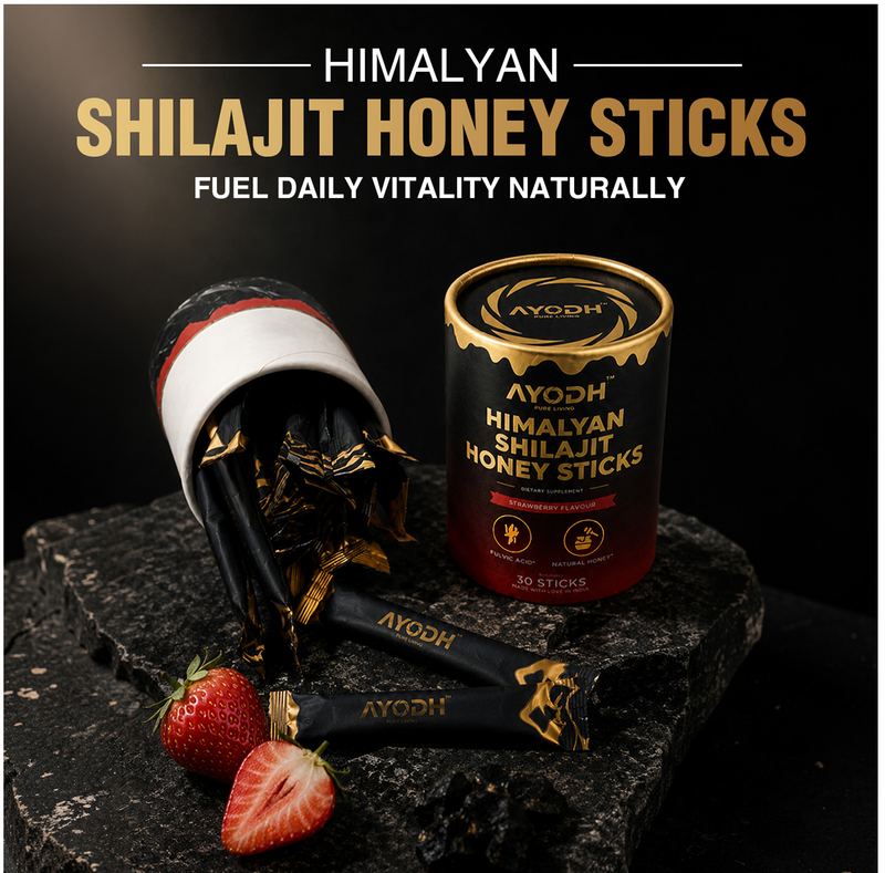 AYODH Himalayan Shilajit Honey Sticks with strawberries