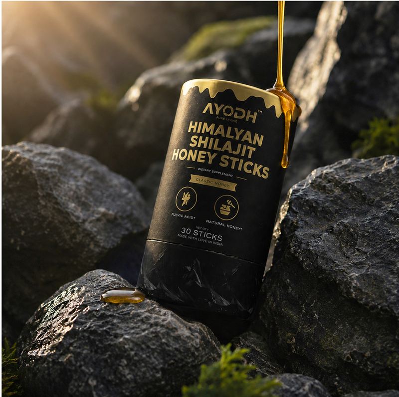AYODH Himalayan Shilajit Honey Sticks jar on dark rock
