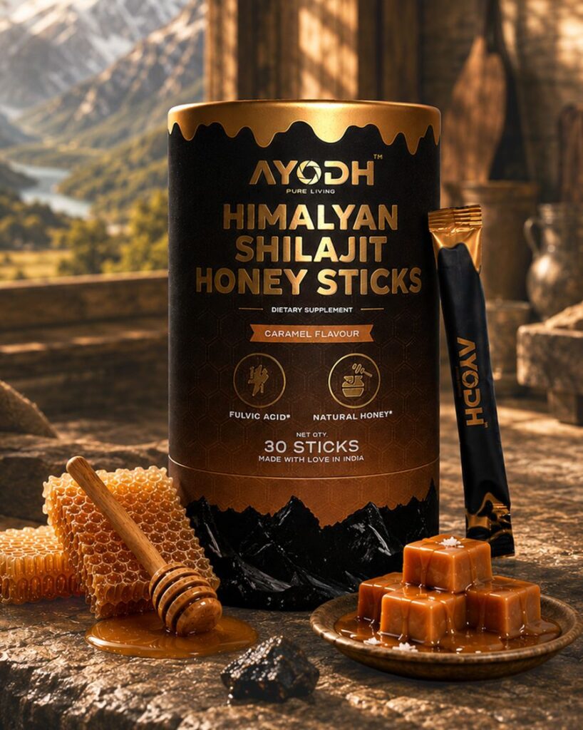 Ayodh Pure Himalayan Shilajit Honey Sticks with Organic Honey & Caramel (30 Count)